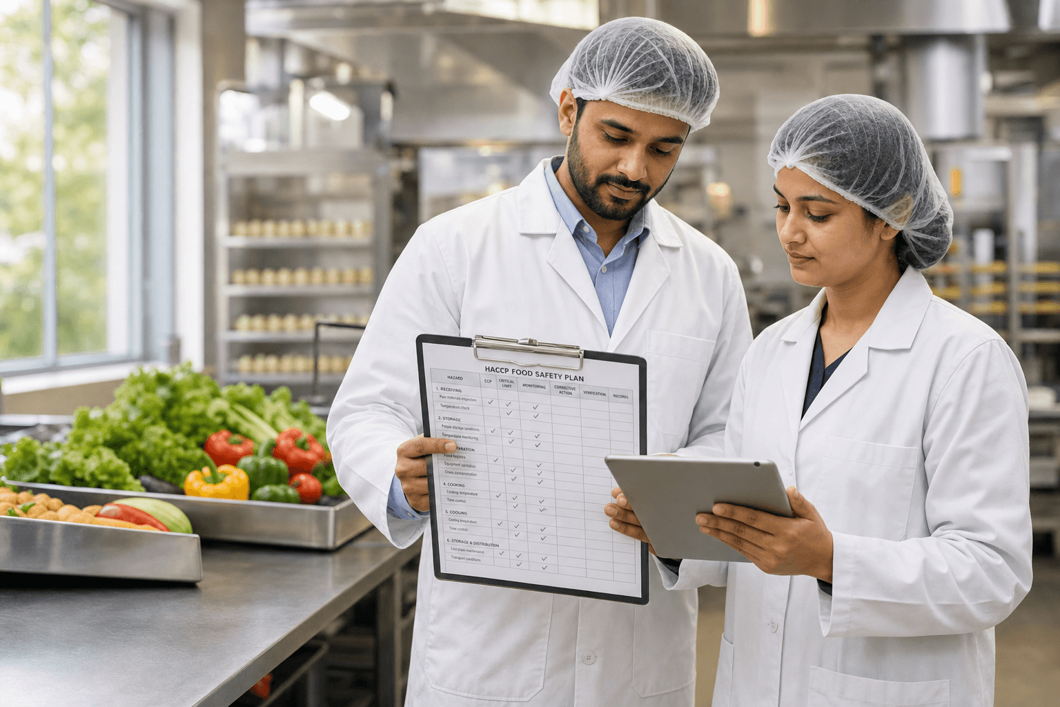Two Inspeckt food-safety experts reviewing a HACCP plan in a commercial kitchen